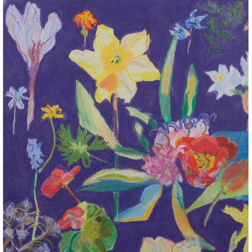 508 - Joan Painter, abstract flowers, mid-20th century gouache/oil on paper, signed, 75cm x 55cm, framed