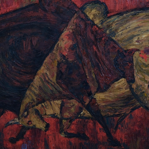 509 - Ram Yadekar (Indian movie/art director), abstract bulls, oil on board, signed and dated 1963, 46cm x... 