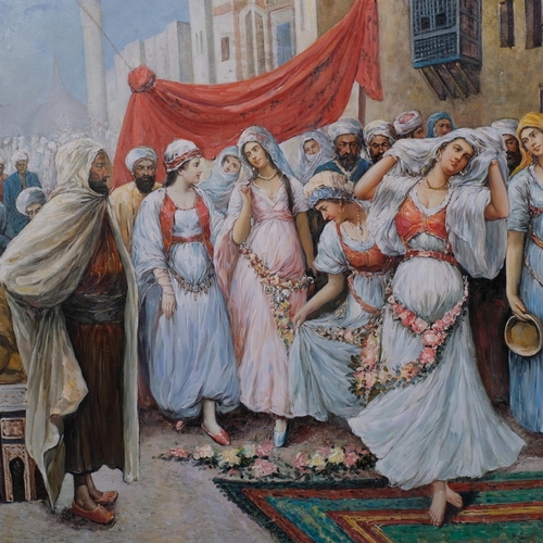 513 - Middle Eastern street celebrations, contemporary oil on canvas, unsigned, 94cm x 124cm, unframed