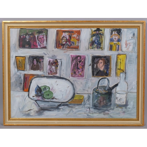 563 - Modernist still life, contemporary oil on board, unsigned, 48cm x 67cm, framed and glazed