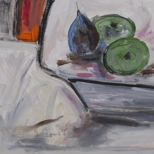 563 - Modernist still life, contemporary oil on board, unsigned, 48cm x 67cm, framed and glazed