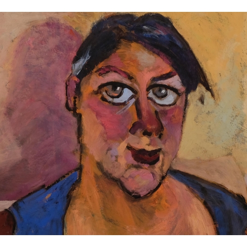 564 - Barbara Karn, portrait of a woman, oil on board, signed and dated 1998, 75cm x 52cm, framed