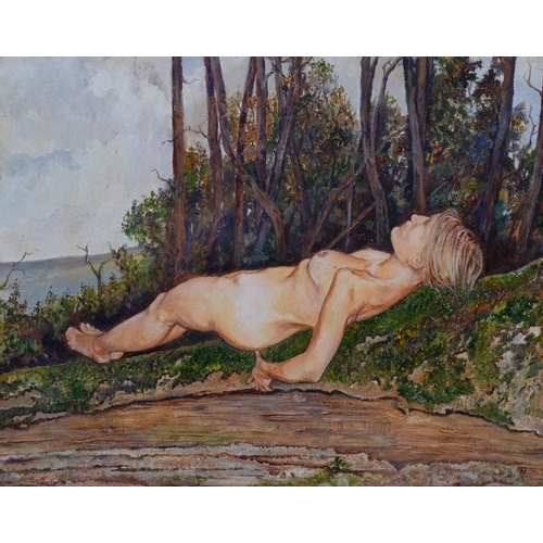 566 - Simon Mouncey, reclining figure, oil on canvas, inscribed verso, 18cm x 24cm, framed