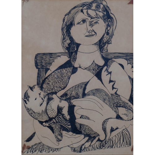 567 - A Epstein, modernist portrait, woman with cat, pen and ink on paper, indistinctly signed, 33cm x 24c... 