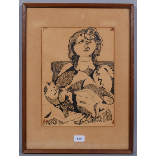 567 - A Epstein, modernist portrait, woman with cat, pen and ink on paper, indistinctly signed, 33cm x 24c... 