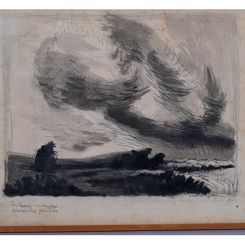 569 - Storm swept skies, ink and wash, indistinctly signed, dated 1960, 38cm x 45cm, framed