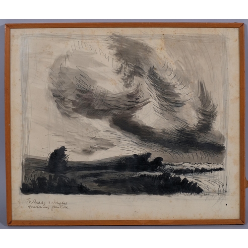 569 - Storm swept skies, ink and wash, indistinctly signed, dated 1960, 38cm x 45cm, framed