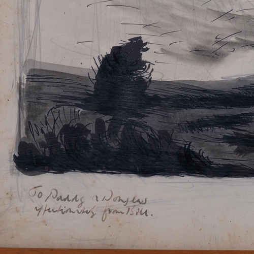 569 - Storm swept skies, ink and wash, indistinctly signed, dated 1960, 38cm x 45cm, framed