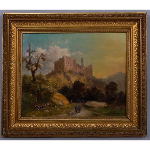 570 - Travellers near a castle, 19th century oil on canvas, unsigned, 30cm x 36cm, framed