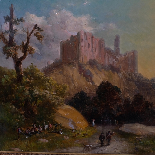 570 - Travellers near a castle, 19th century oil on canvas, unsigned, 30cm x 36cm, framed