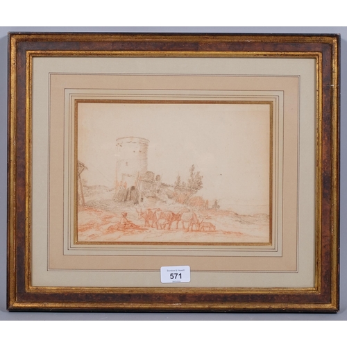 571 - 18th century Old Master style sanguine chalk drawing, cattle and herd in landscape, unsigned, 18cm x... 