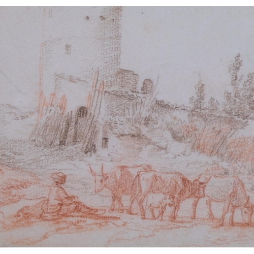 571 - 18th century Old Master style sanguine chalk drawing, cattle and herd in landscape, unsigned, 18cm x... 