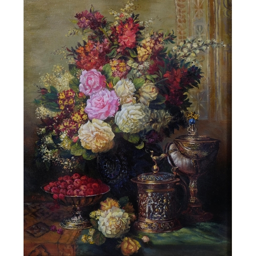 572 - Dutch style still life flower study, contemporary oil on canvas, indistinctly signed, 41cm x 33cm, f... 