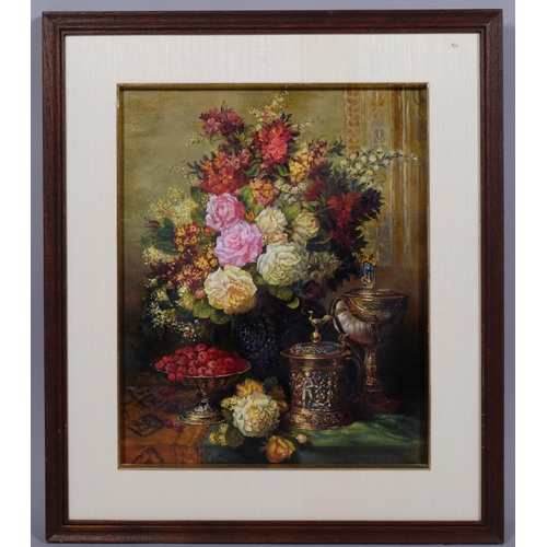 572 - Dutch style still life flower study, contemporary oil on canvas, indistinctly signed, 41cm x 33cm, f... 