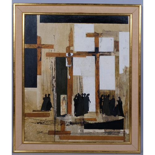 575 - F D Taggart, crucifixion scene, mixed media, oil/collage, signed and dated 1961, 75cm x 63cm, framed