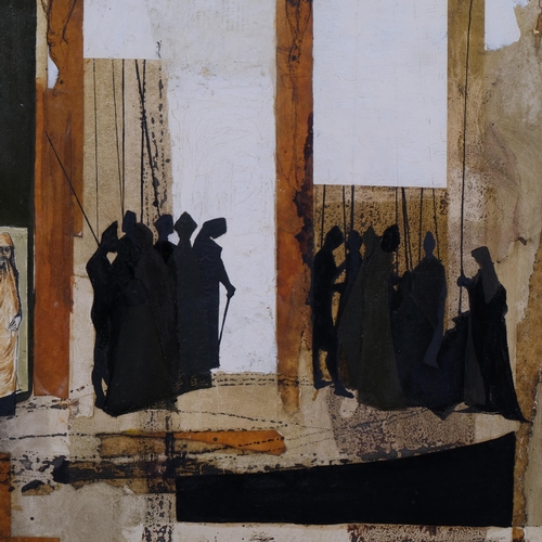 575 - F D Taggart, crucifixion scene, mixed media, oil/collage, signed and dated 1961, 75cm x 63cm, framed