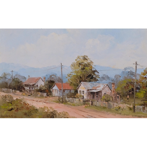 579 - John Hingerty (Australian), street scene Taree, oil on board, signed and dated 1988, 24cm x 39cm, fr... 