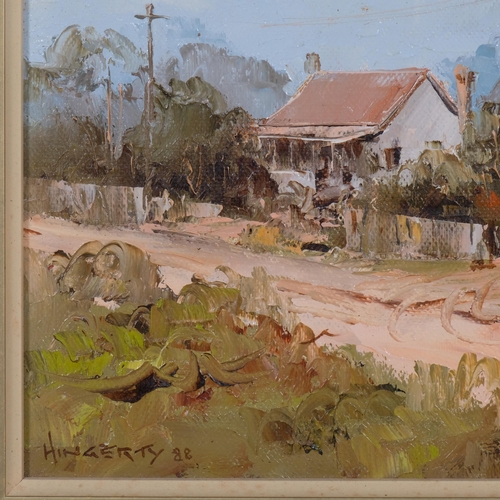 579 - John Hingerty (Australian), street scene Taree, oil on board, signed and dated 1988, 24cm x 39cm, fr... 