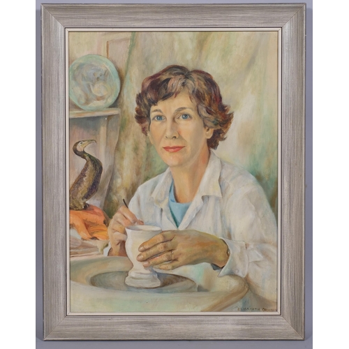 580 - Elizabeth Ormsey, portrait of a potter, oil on canvas, 60cm x 44cm, framed