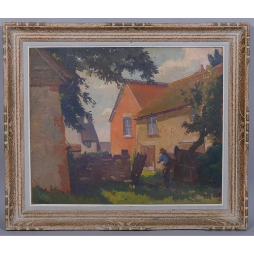 582 - Workman and cottages, mid-20th century oil on board, unsigned, 50cm x 60cm, framed