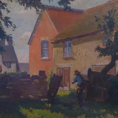 582 - Workman and cottages, mid-20th century oil on board, unsigned, 50cm x 60cm, framed