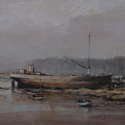 585 - Alan Simpson, cargo boat at low tide, oil on canvas, 1971, signed, 46cm x 70cm, framed