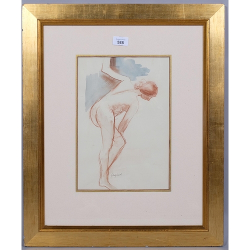 588 - Toby Horne Shepherd, nude life study, sanguine chalk/watercolour, signed, 33cm x 23cm, framed