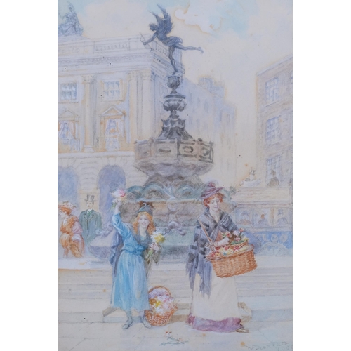 593 - Walter Duncan (1848 - 1932), flower sellers at Piccadilly, watercolour, signed and dated 1909, 27cm ... 