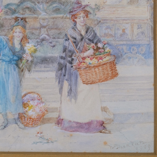 593 - Walter Duncan (1848 - 1932), flower sellers at Piccadilly, watercolour, signed and dated 1909, 27cm ... 