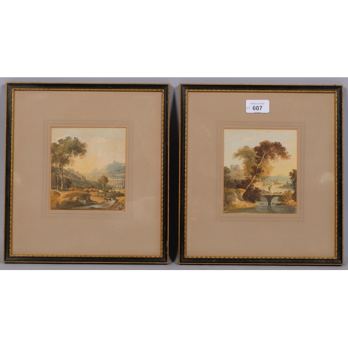 607 - J Oldfield, pair of 19th century rural landscapes, watercolour, signed, 13cm x 12cm, framed