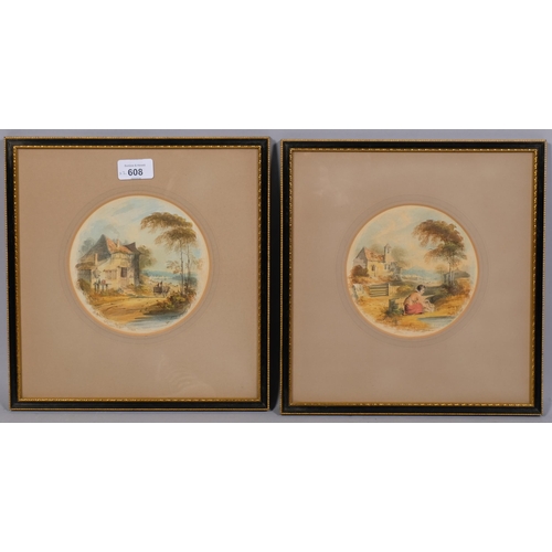 608 - J Oldfield, pair of 19th century rural landscapes, watercolour, signed, 14cm across, framed