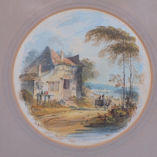 608 - J Oldfield, pair of 19th century rural landscapes, watercolour, signed, 14cm across, framed