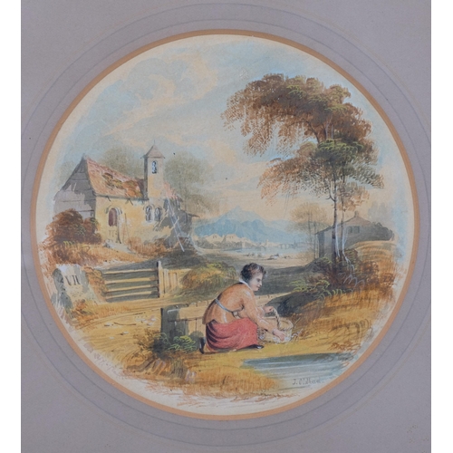 608 - J Oldfield, pair of 19th century rural landscapes, watercolour, signed, 14cm across, framed