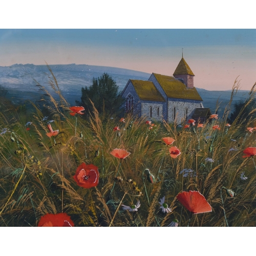 613 - Paul Evans, Poppies and Downs Westmeston near Ditchling, gouache, 22cm x 28cm, framed