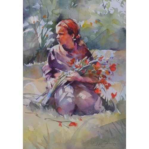 614 - Trevor Waugh, girl with flowers, watercolour, signed and dated 1996, 31cm x 21cm