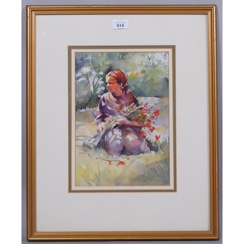 614 - Trevor Waugh, girl with flowers, watercolour, signed and dated 1996, 31cm x 21cm