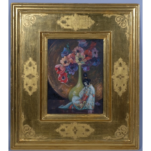 616 - Still life flowers and Oriental figure, 20th century oil on board, unsigned, 35cm x 26cm, framed