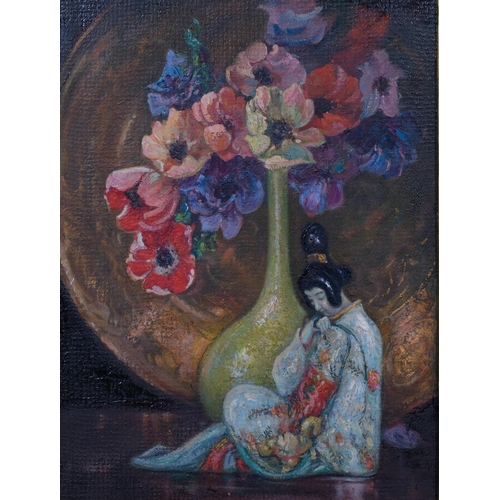 616 - Still life flowers and Oriental figure, 20th century oil on board, unsigned, 35cm x 26cm, framed