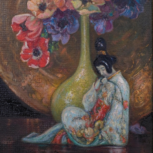 616 - Still life flowers and Oriental figure, 20th century oil on board, unsigned, 35cm x 26cm, framed