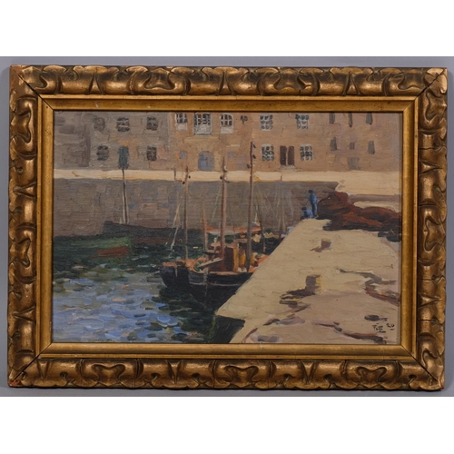 620 - Fishing harbour scene, oil on board, signed with monogram dated 1920, 19cm x 29cm, framed