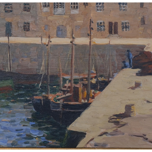 620 - Fishing harbour scene, oil on board, signed with monogram dated 1920, 19cm x 29cm, framed