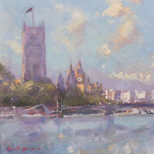 621 - Chris Daynes (born 1946), 2 impressionist Thames views, oil on board, signed, largest 18cm x 24cm, f... 