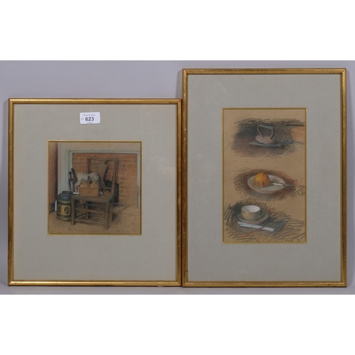 623 - Jehan Daly (1918 - 2001), interior still life, 17cm x 17cm, and kitchen still life, 24cm x 15cm, cra... 