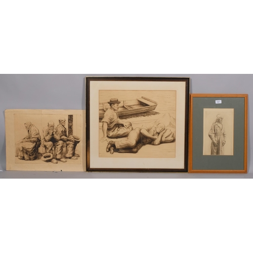 627 - Karel Myslbek (1874 - 1915), 3 etchings, workers resting, 44cm x 50cm, 3 old people, 33cm x 43cm, an... 