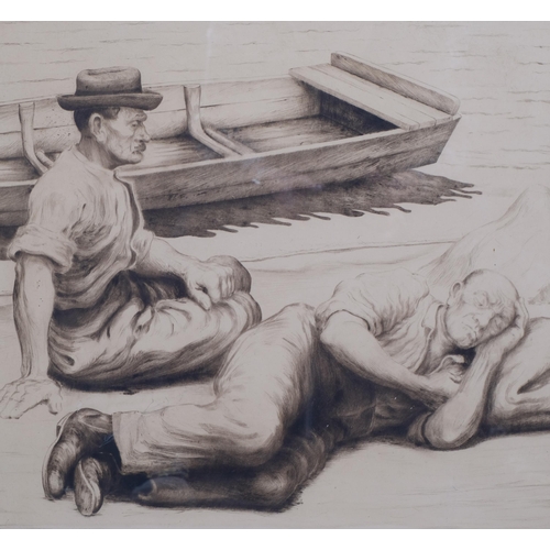 627 - Karel Myslbek (1874 - 1915), 3 etchings, workers resting, 44cm x 50cm, 3 old people, 33cm x 43cm, an... 