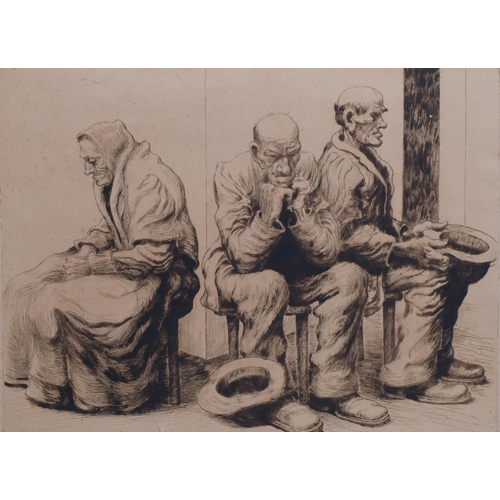 627 - Karel Myslbek (1874 - 1915), 3 etchings, workers resting, 44cm x 50cm, 3 old people, 33cm x 43cm, an... 