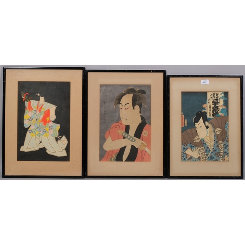 629 - 3 Japanese woodblock prints, by Toyokuni II, Kunichika and Shuraku, framed (3)