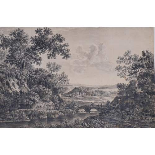 638 - 18th century ink and watercolour drawing, extensive landscape, unsigned, 22cm x 33cm, together with ... 