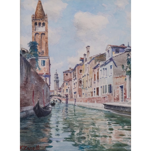 651 - Vittore Zanetti Zilla (1864-1946), watercolour on paper, Venetian canal with gondolas, signed lower ... 