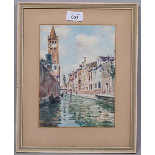 651 - Vittore Zanetti Zilla (1864-1946), watercolour on paper, Venetian canal with gondolas, signed lower ... 